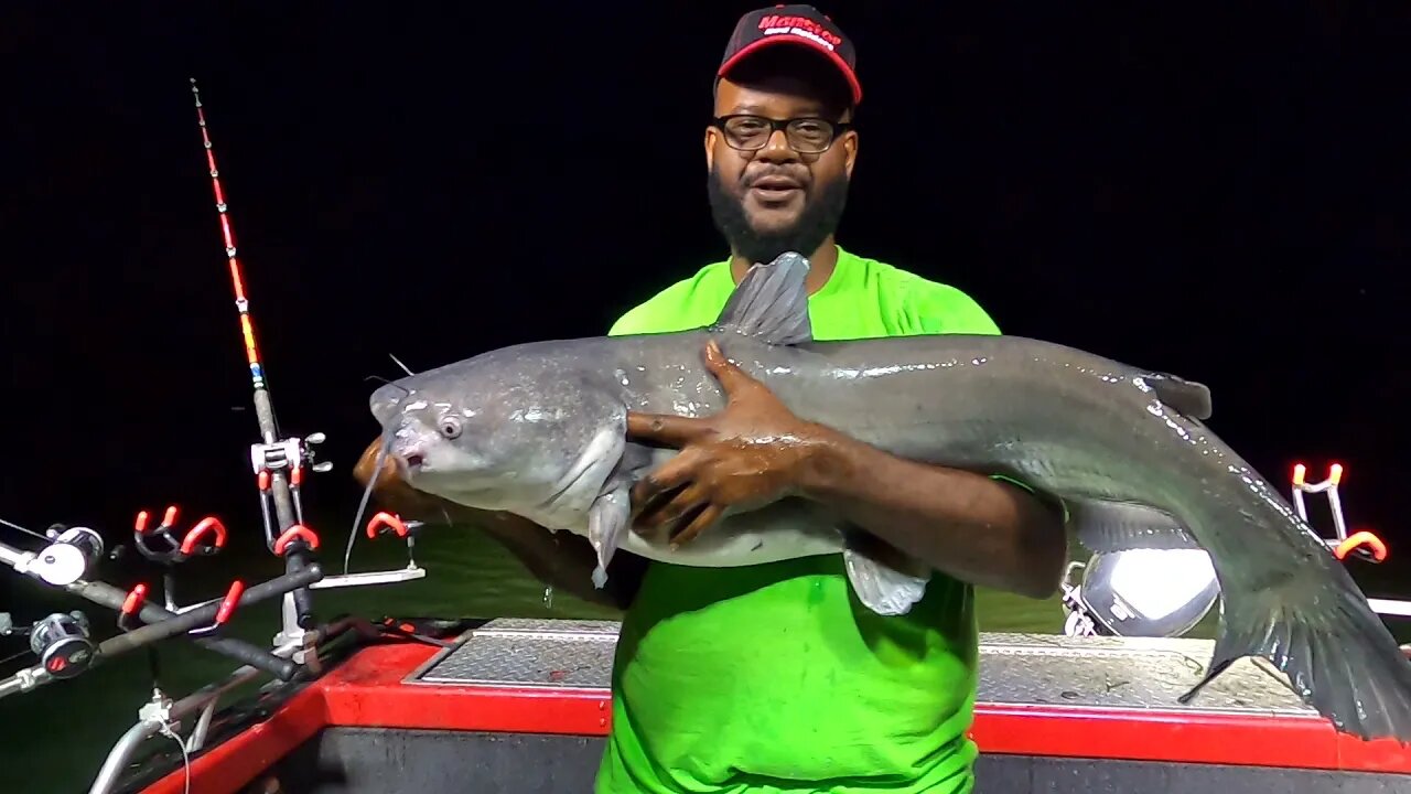 Doubled up Blue catfish, Pulling planer boards at night.