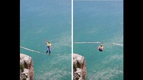 Shocking footage of woman falls from cliff while walking on rope
