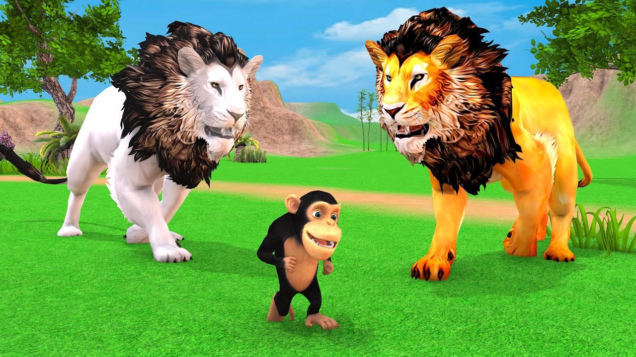 The Funny Monkey Run Away From Giant Lions | Lion and Cow Sad Story | Gorilla, Lion, Funny Monkey