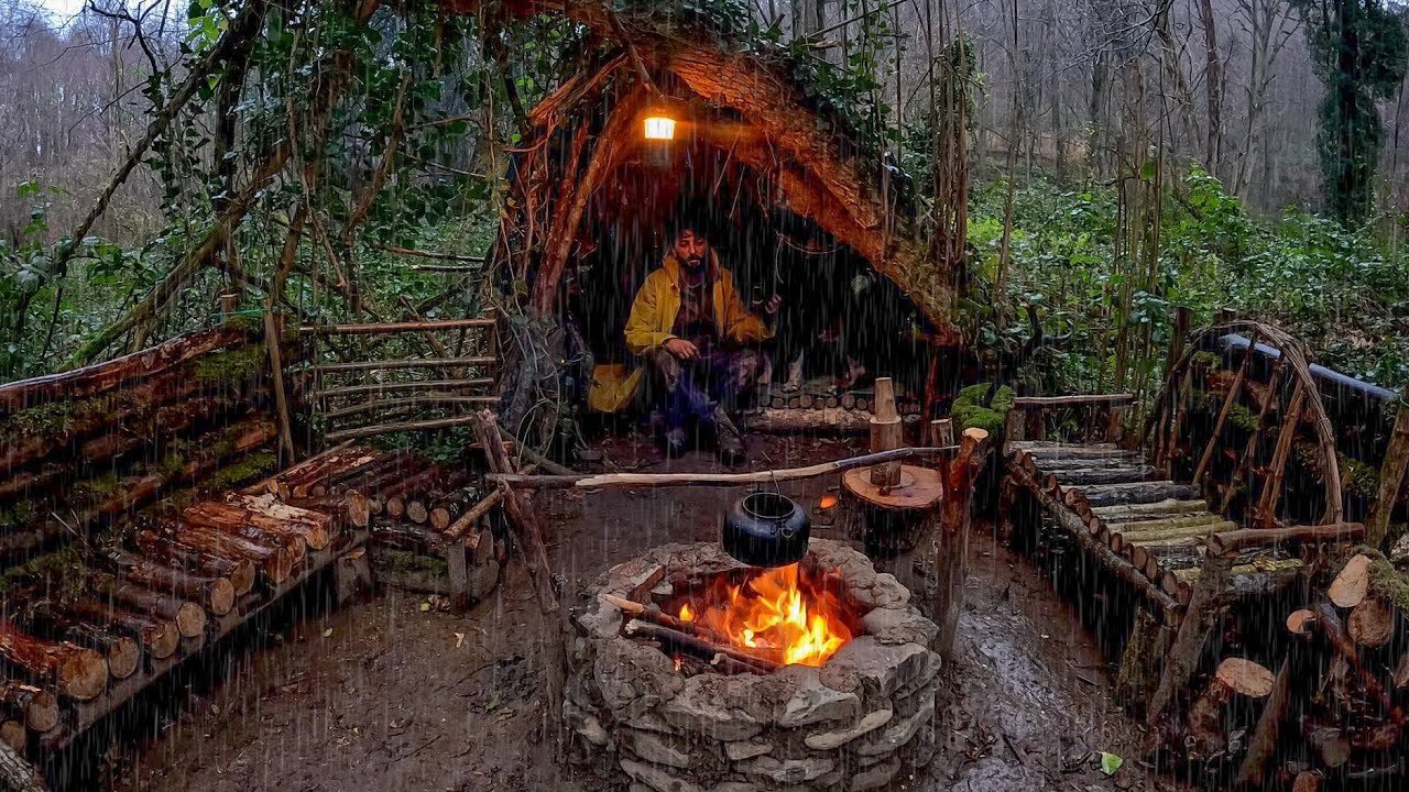 7 Hari SOLO SURVIVAL CAMPING Dalam HUJAN, GUNTUR - Membangun HANGAT BUSHCRAFT SHELTER - Memasak