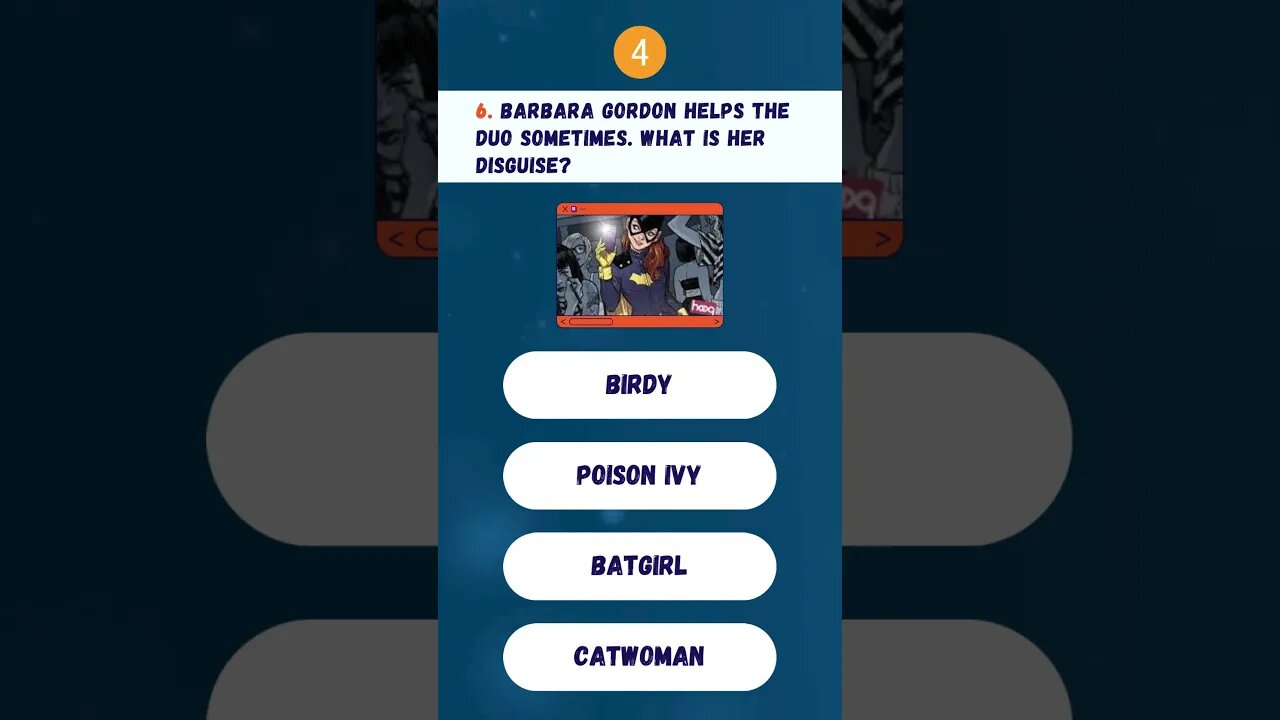 🦇 QUIZ_BATMAN:Barbara Gordon helps the Duo sometimes. What is her disguise?#batman #quiz #dc #shorts