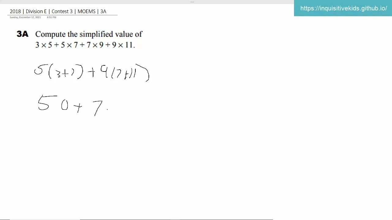 Math Olympiad for Elementary | 2018 | Division E | Contest 3 | MOEMS | 3A