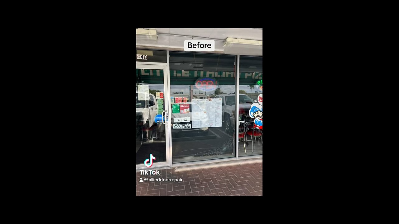 Storefront window glass replacement, in Pompano Beach, Florida.