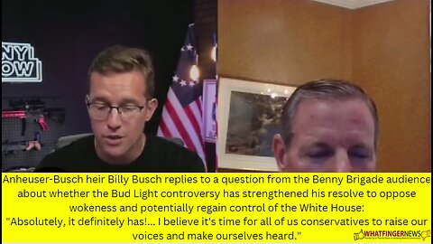 Anheuser-Busch heir Billy Busch replies to a question from the Benny Brigade audience