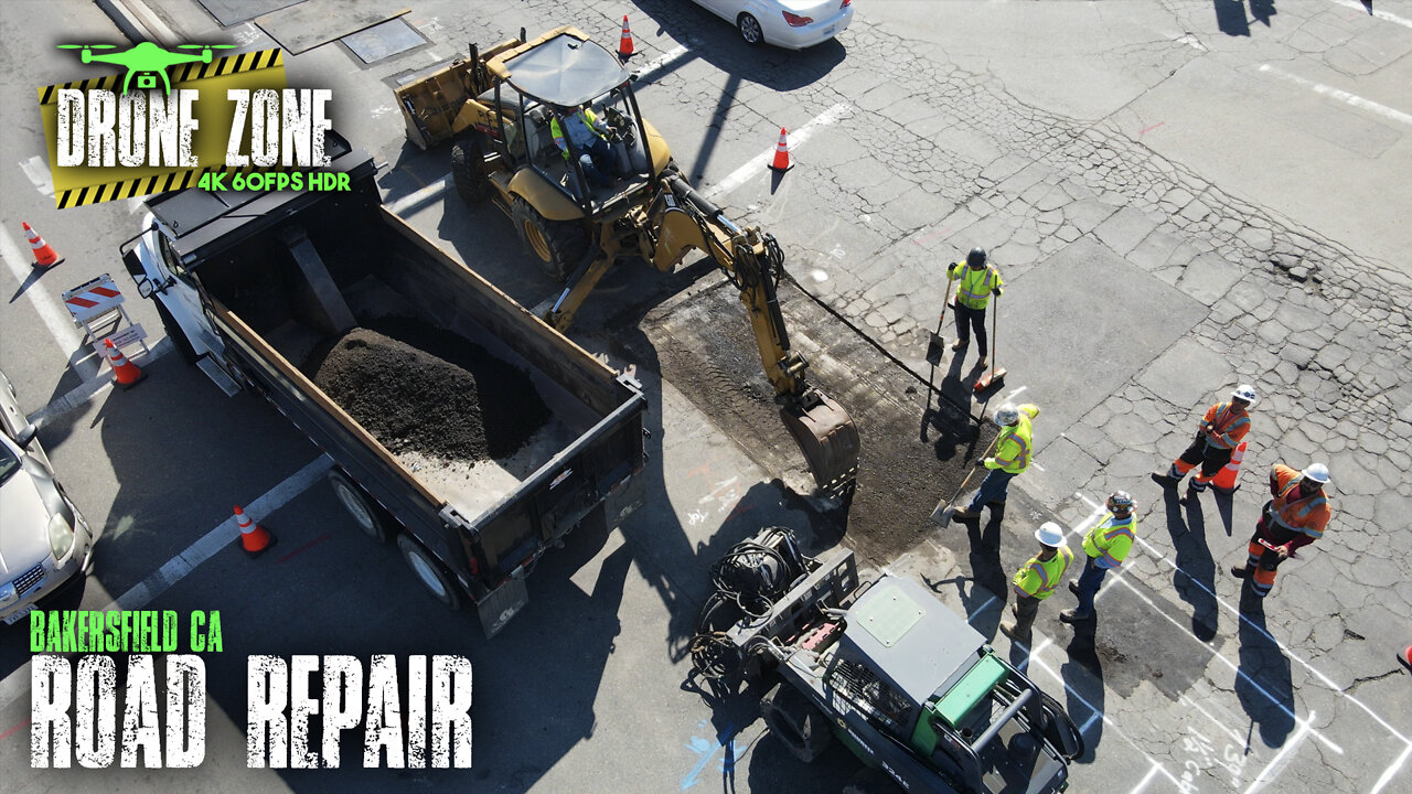 Repairing Pavement In A Busy Intersection In Bakersfield, CA DRONE FOOTAGE [4K 60FPS HDR]