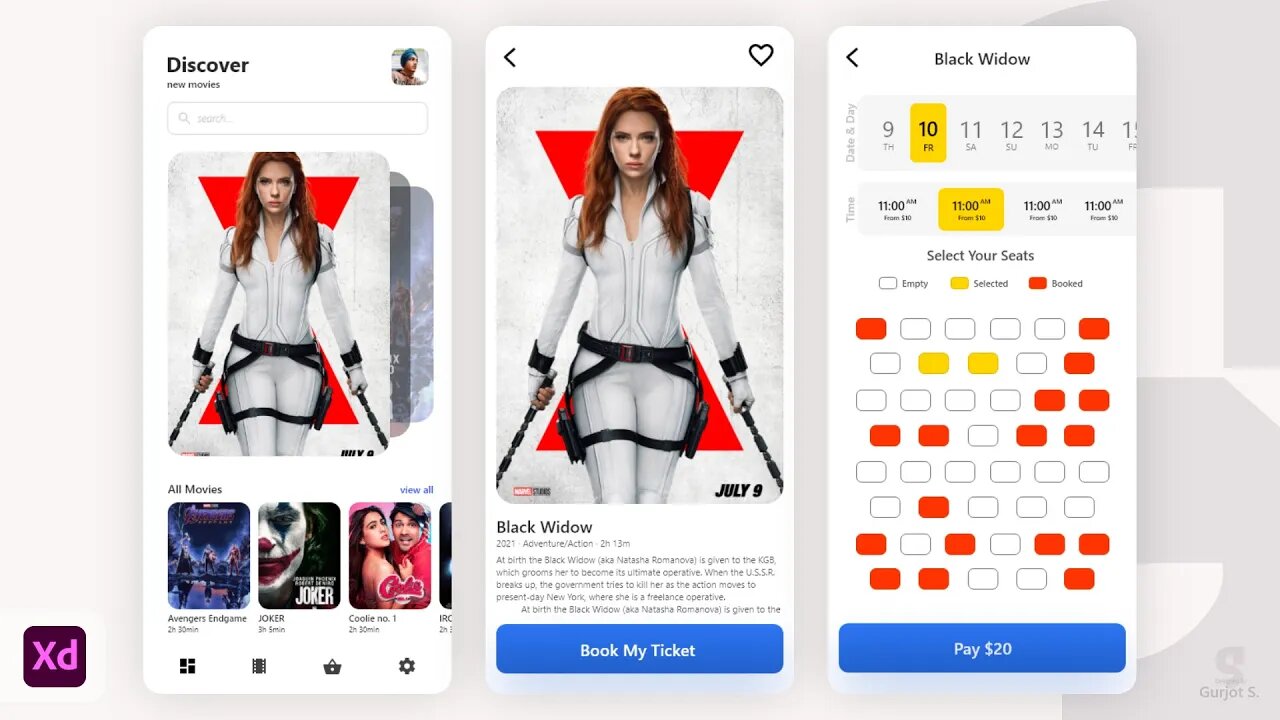 Make Movie Ticket Booking App Ui / Ux Design in Adobe XD | #adobe_xd Designing Guru