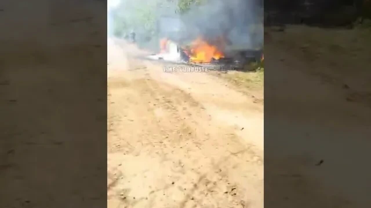 The burning vehicle of the Territorial Defense of the Armed Forces of Ukraine