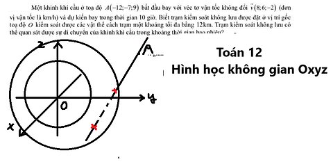 Toán 12: Một khinh khí cầu ở toạ độ A(–12;–7;9) bắt đầu bay với véc tơ vận tốc không đổi v(8;6;−2