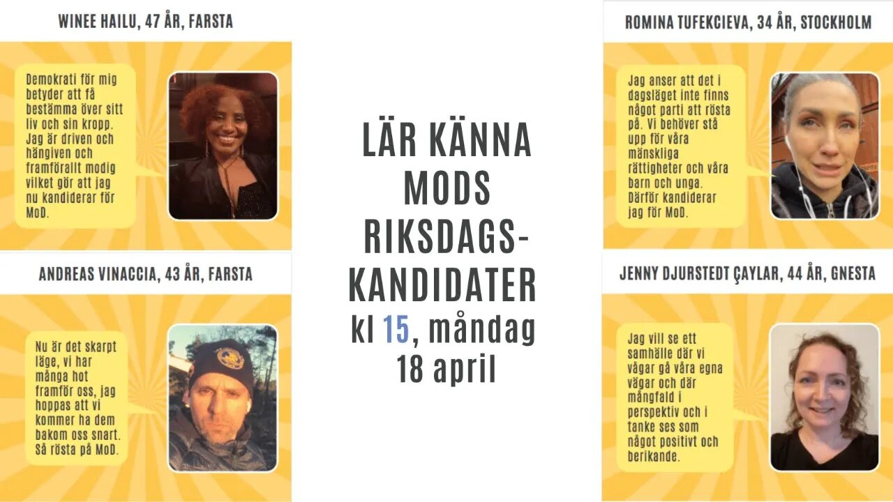 Lär känna MoDs riksdags-kandidater, kl 15, måndag, 18 april