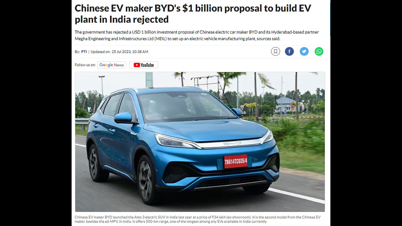 Modi Govt rejects Chinese BYD-Megha Engineering's $1 billion proposal to set up EV plant