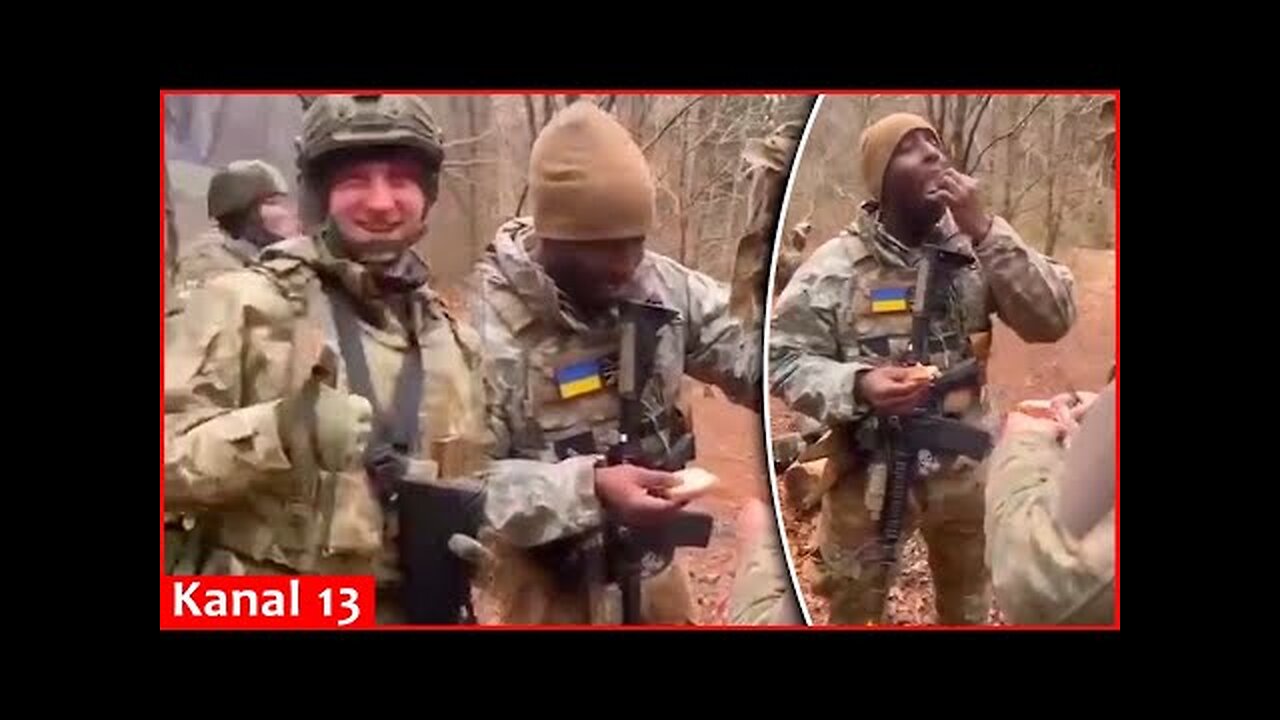 Ukrainian soldiers host an American soldier with their national meal