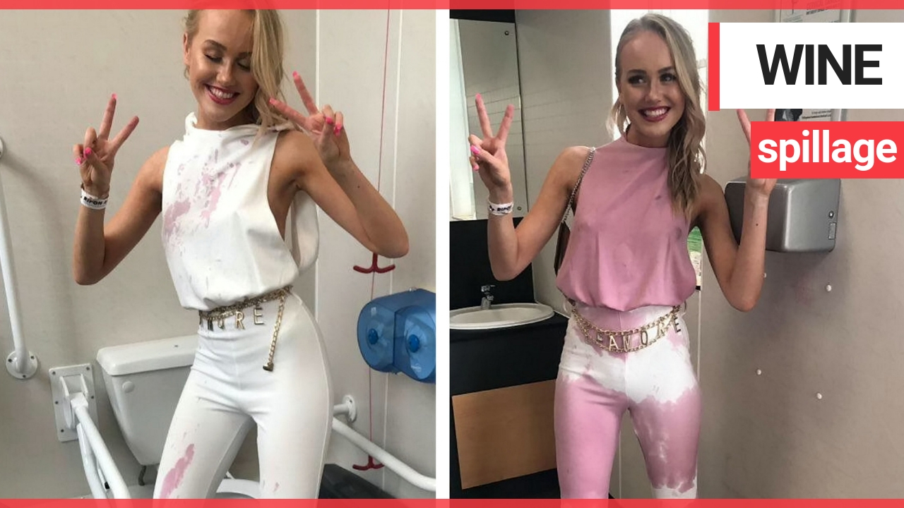 Girl who had red wine spilled on white outfit disguises disaster by pouring on more wine