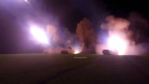 Ukrainian BM-27 Uragan Multiple launch rocket system at work during night time!