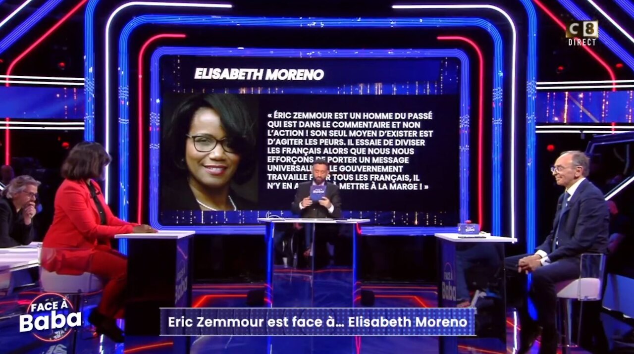 Vidéo 05/12 - Éric Zemmour répond à Élisabeth Moreno (invités à Face à Baba sur C8 le 16 décembre 2021)