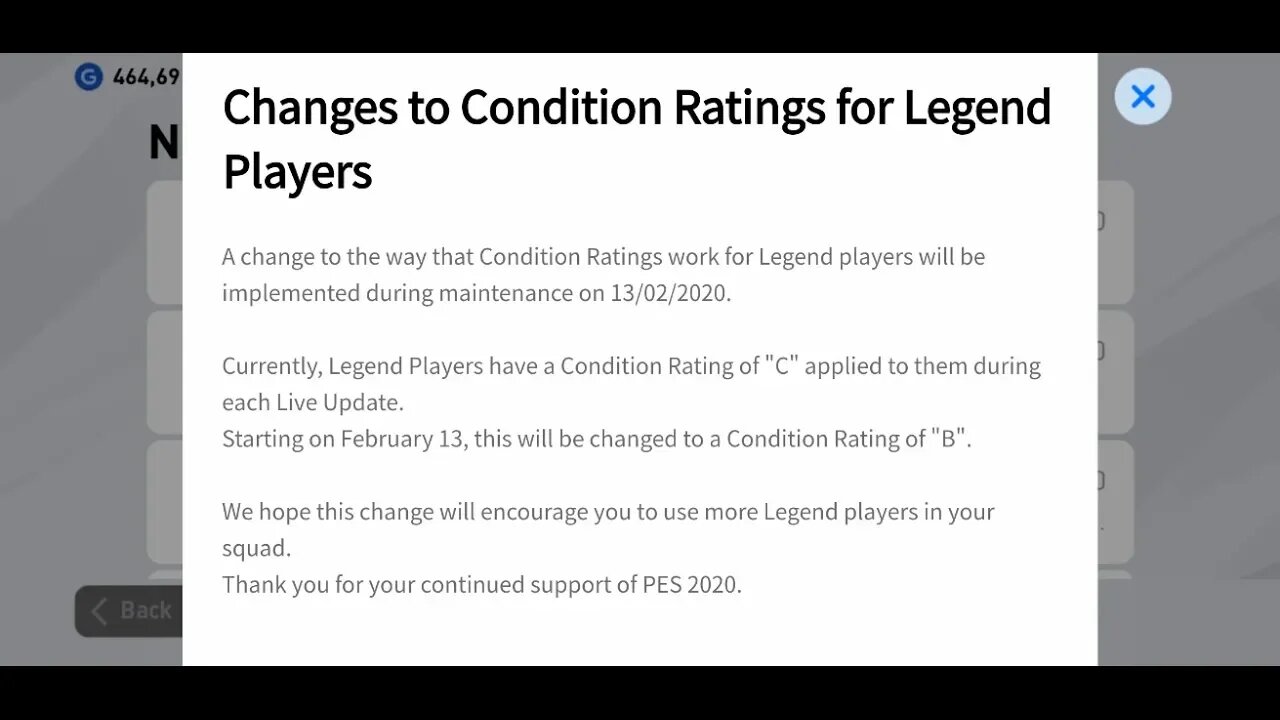 Changes to Condition Ratings for Legend Players | PES 20 MOBILE