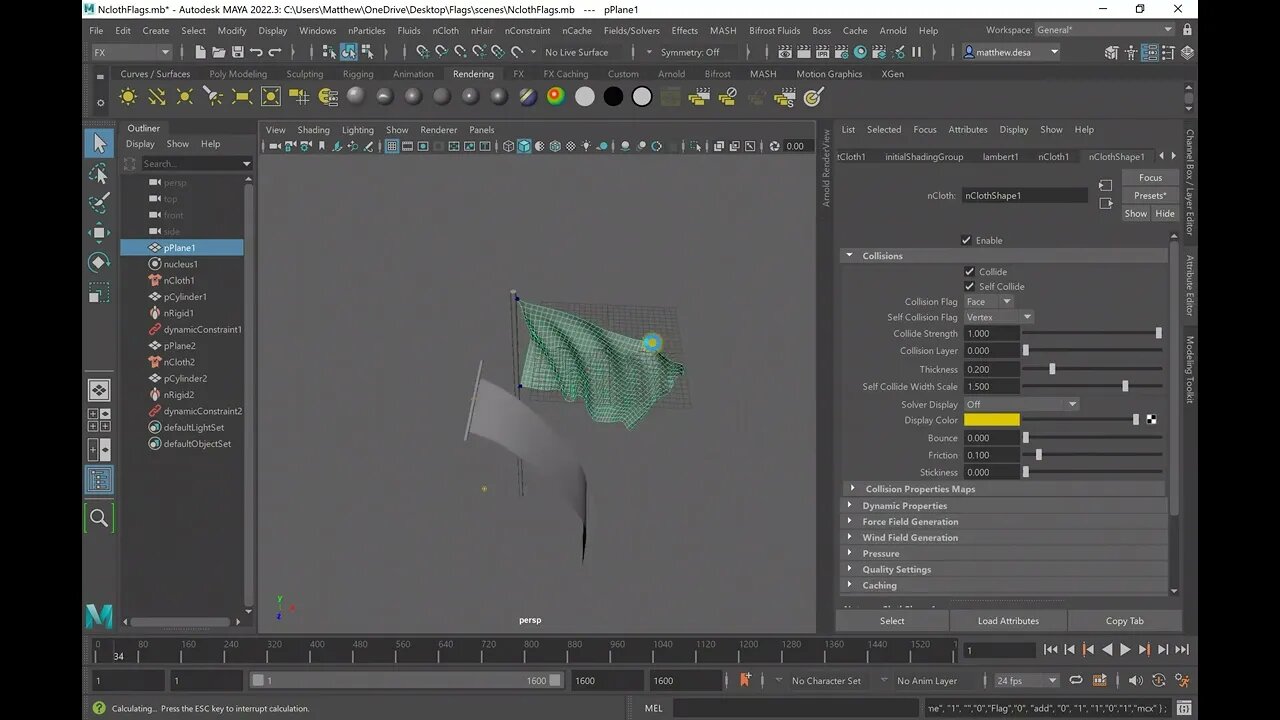 Creating a cache for nCloth Sim in Maya 2022