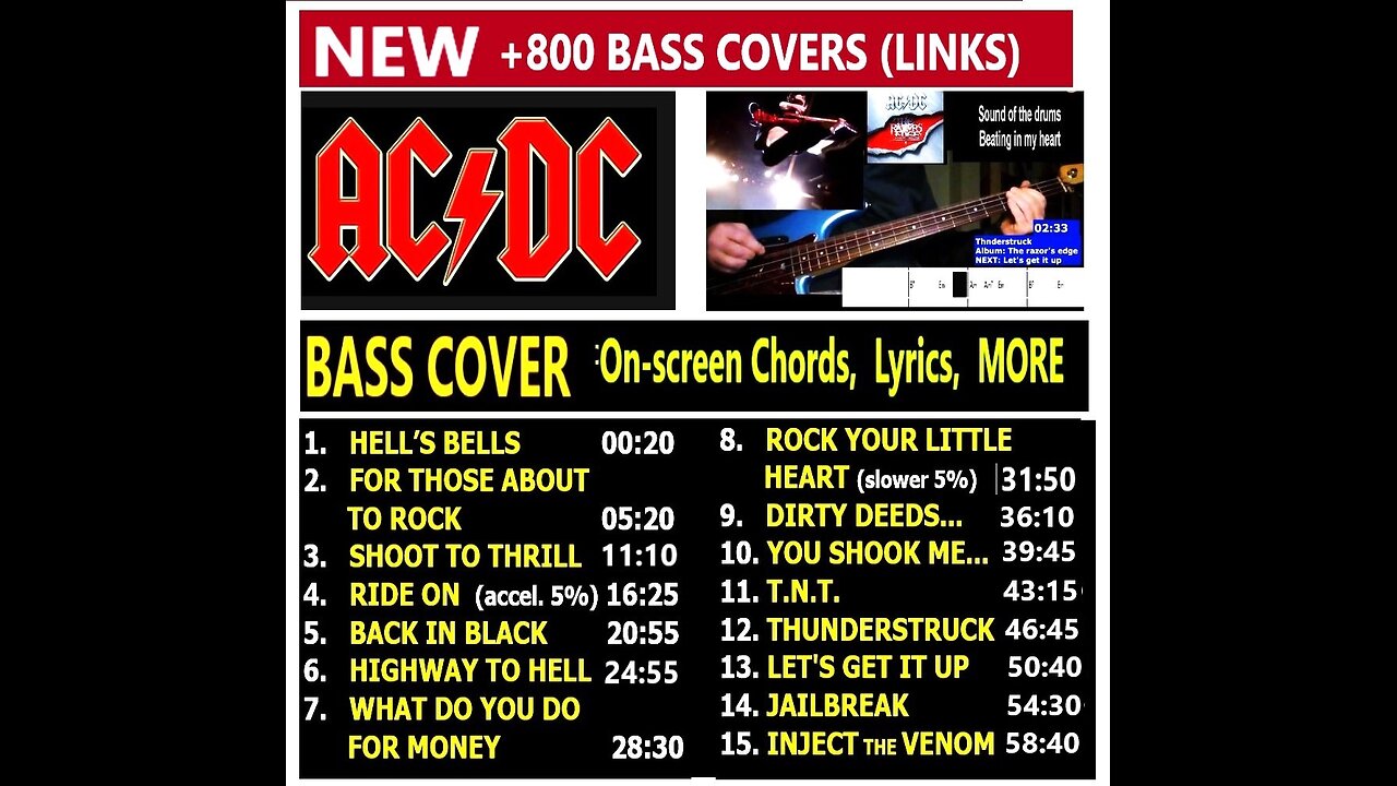 Bass cover:: AC/DC (New) _ On-screen Chords, Lyrics, Group's videos, MORE