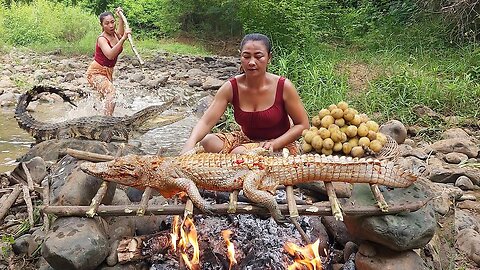 Find Meet Crocodile For Food in Forest,Crocodile roasted for food of survival _ Cooking in Forest
