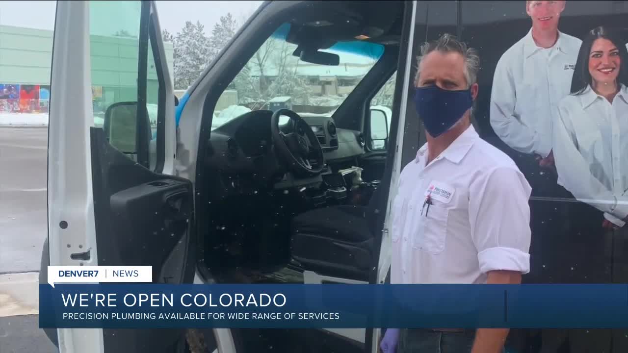 Precision Plumbing says, "We're Open, Colorado"