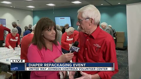 Gov. Tony Evers attends diaper repackaging event at United Way Johnson Controls Volunteer Center