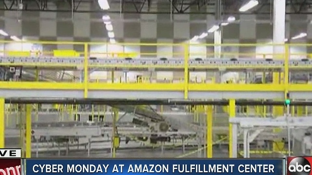 Amazon fulfillment center bustling on Cyber Monday