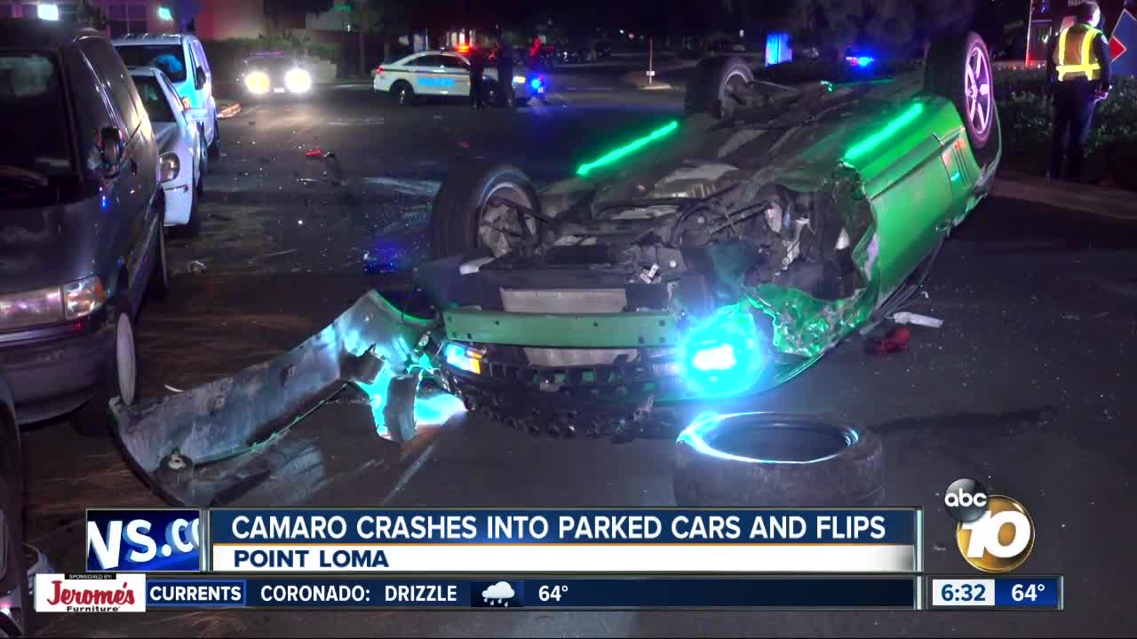 Car crashes into parked cars in Point Loma, flips onto roof