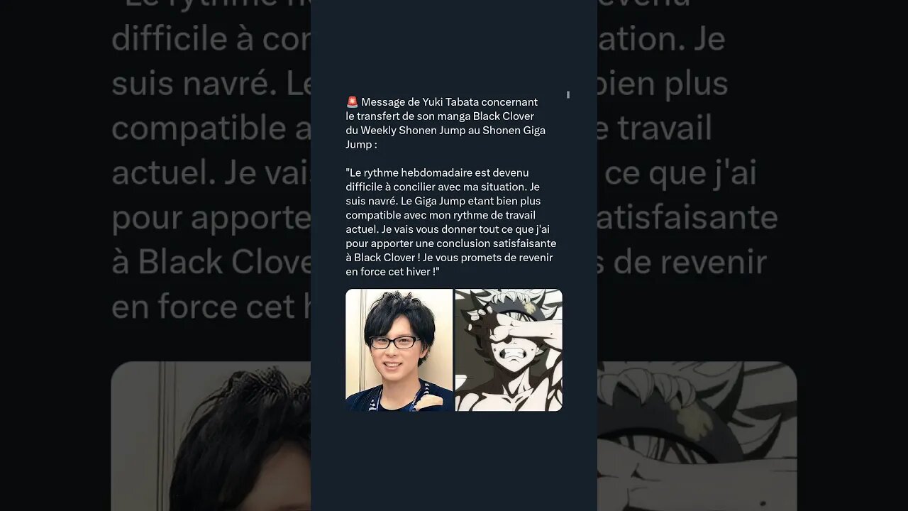 Message de Yuki Tabata concernant le transfert de son manga Black Clover