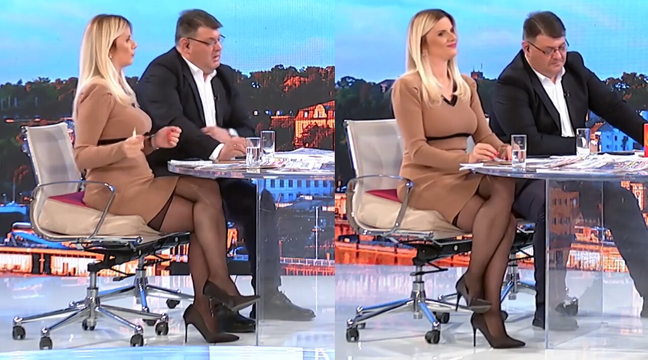 Hot Blonde TV Host Loves To Show Her Legs In Stockings And Heels