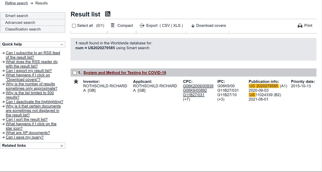 Rothschild's patent "System and Method for Testing for covid-19" from 13 october 2015.