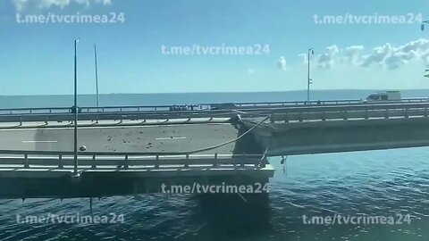 Damaged section of Crimean Bridge presumably due to Storm Shadow missile strike