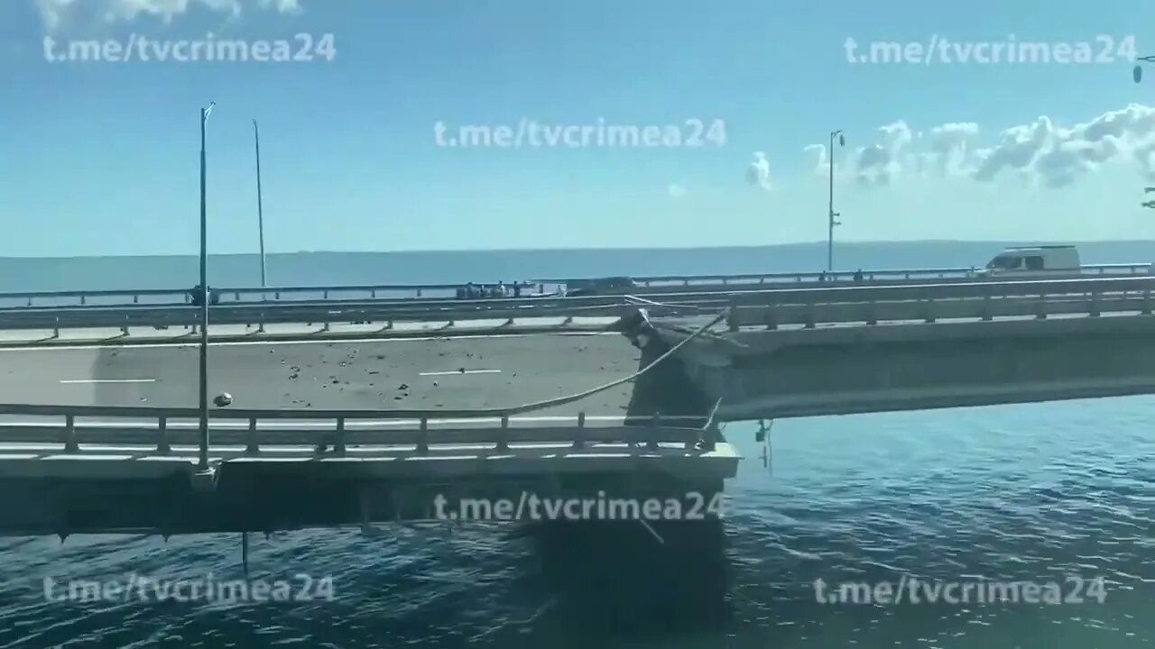 Damaged section of Crimean Bridge presumably due to Storm Shadow missile strike
