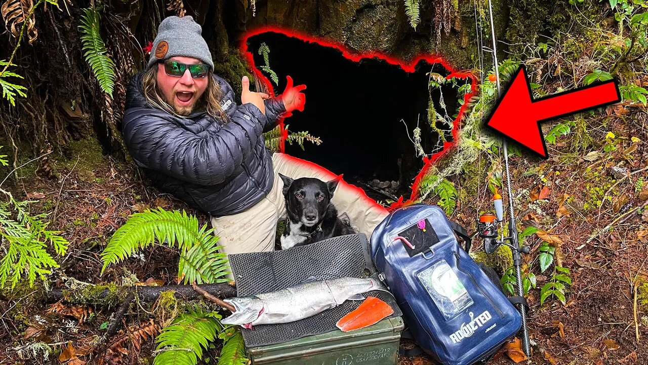 I FOUND A CAVE! Let's Cook FISH IN IT!! Steelhead Fishing SUCCESS In Small Creek.