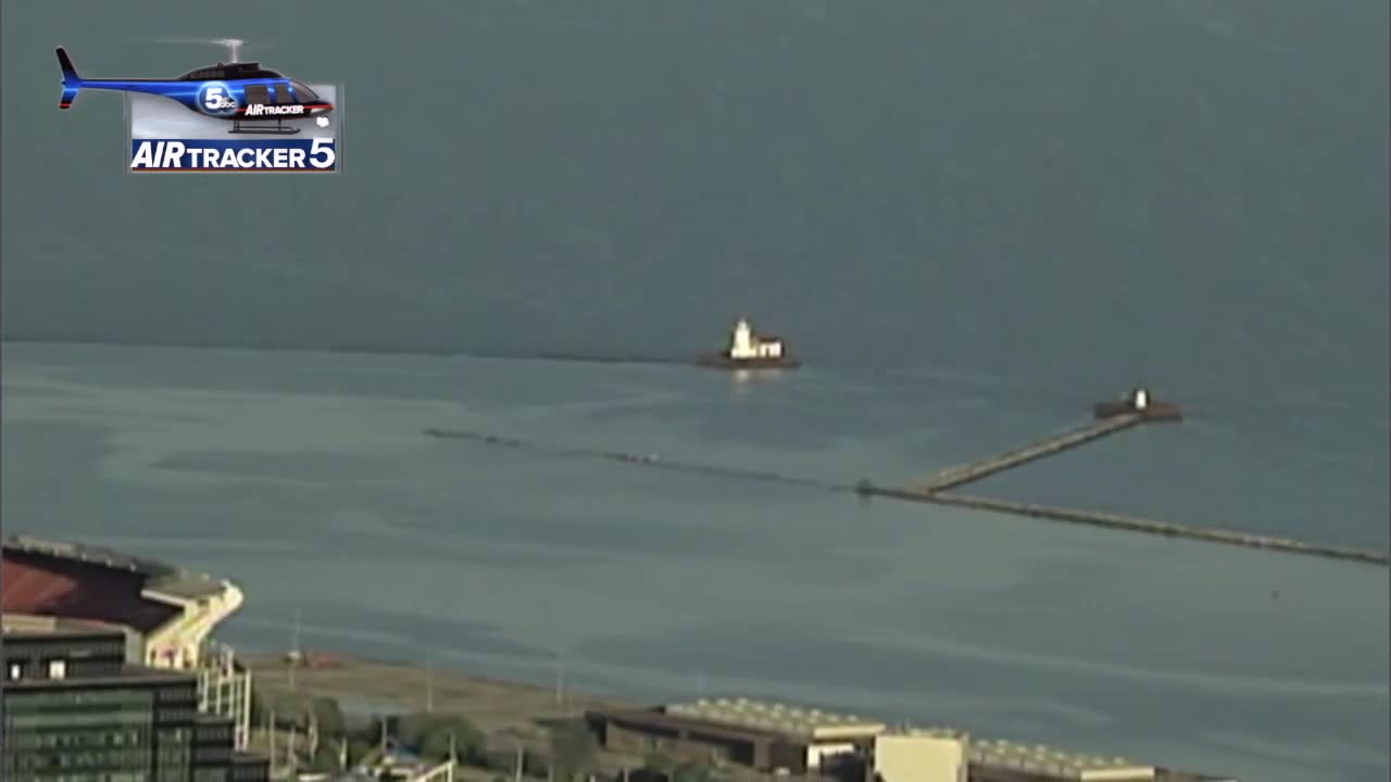 AirTracker 5 over rising waters near the breakwall