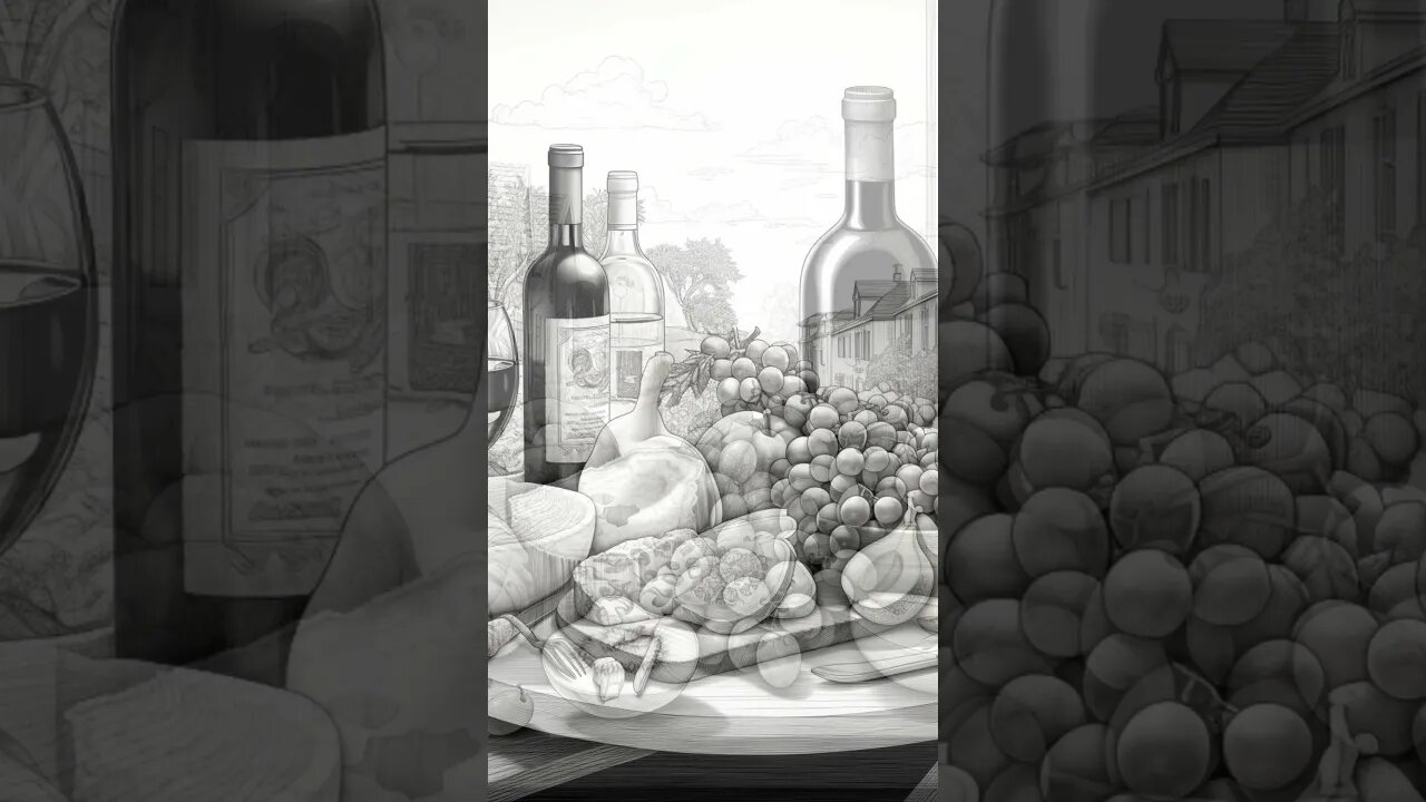 WINE AND CHEESE Grayscale Coloring Book