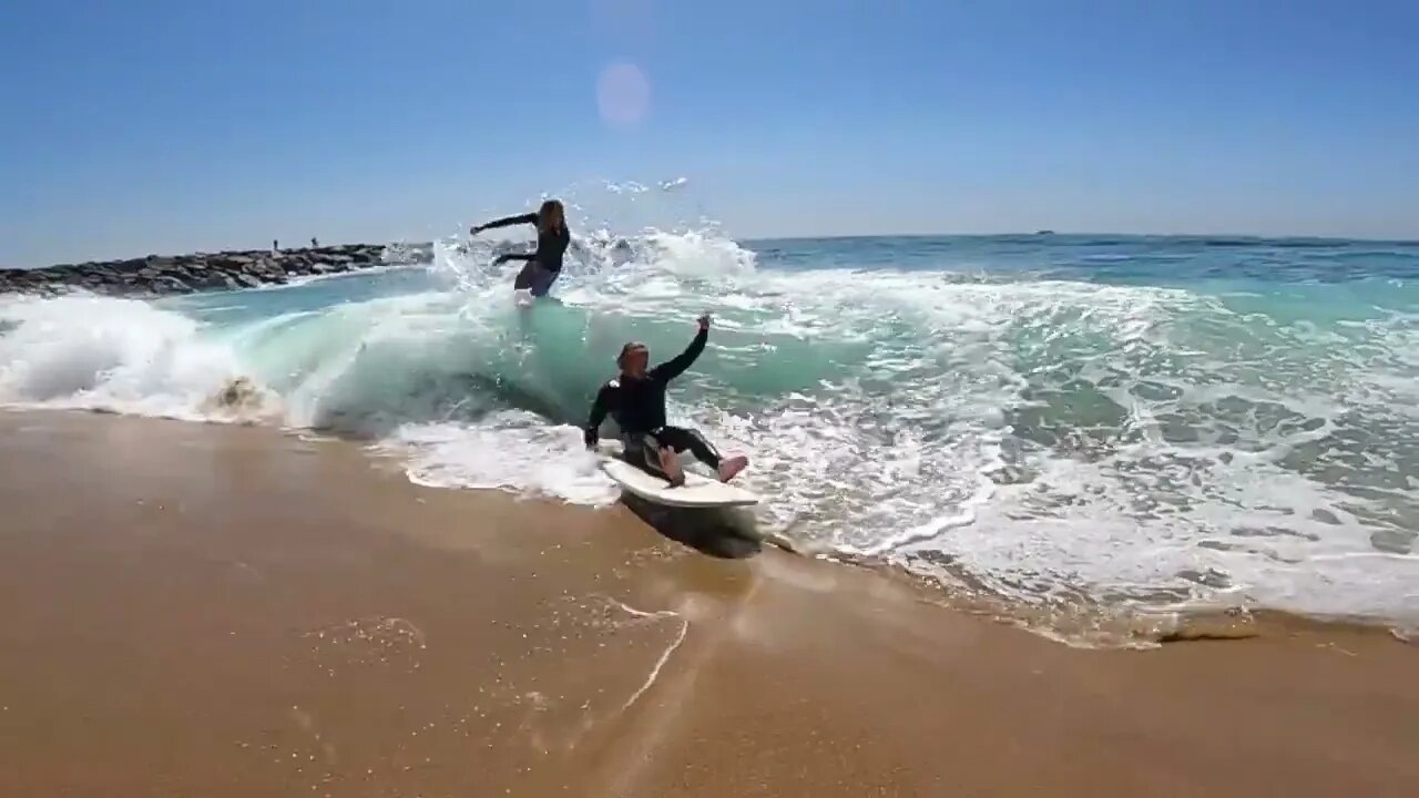 Surfing and Skimboarding WEDGE on massive HIGH TIDE