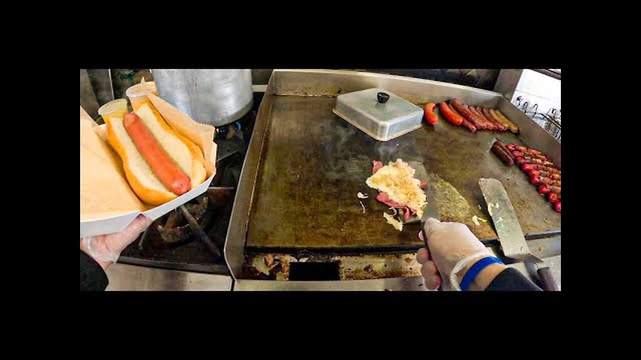 Reuben & Porky Pig Style Hot Dogs!! Food Truck Cooking POV.