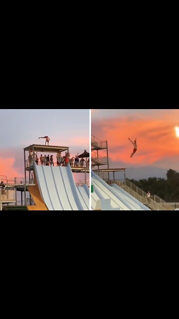 Daredevil jumps from roof of waterpark slide after doing a handstand
