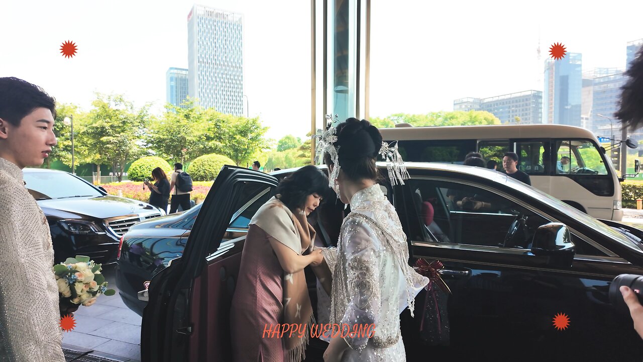 A Chinese Bride and Groom leaving on their wedding day.