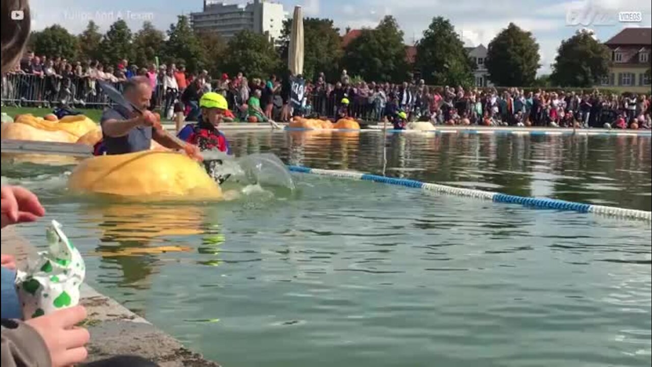 Senhor utiliza uma abóbora como canoa