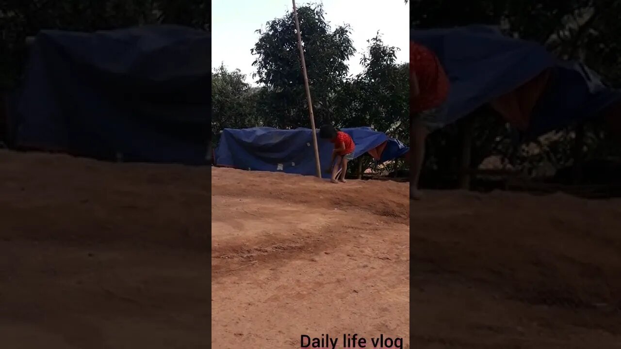 little girl sweeping the yard