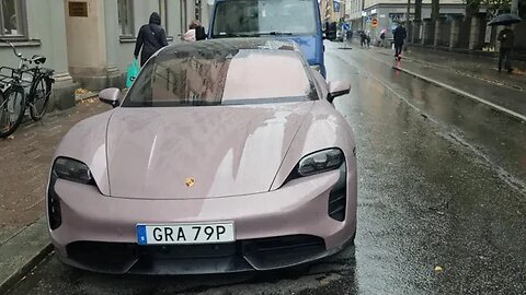 [8k] Frozen Berry Porsche Taycan Turbo S SportDesign and Clear Carbon details at Stockholm, Sweden