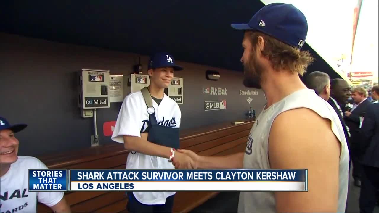 Shark attack survivor meets Dodgers star