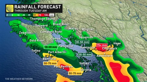 Next potent low to track across B.C. Monday with another round of soaking rains, high-elevation snow