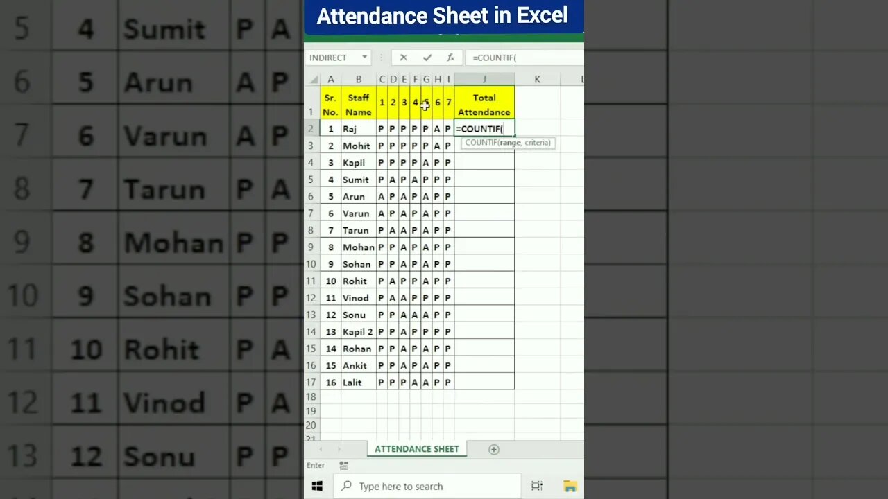 attendance sheet ko kaise maintain kare how to maintain attendance sheet in excel #ytshorts #excel