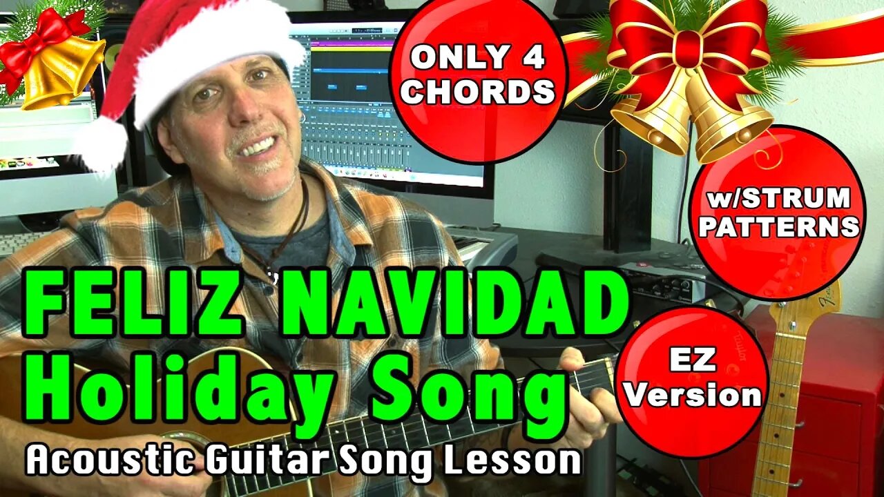 Feliz Navidad EZ Beginner Christmas Holiday Guitar Song Lesson only 4 Chords