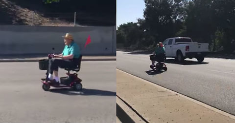 Blissfully Unaware Senior Mobs Down Highway In Scooter