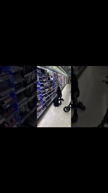 3 on scooters ride into Walgreens at 51st & Telegraph in Oakland’s Temescal neighborhood...