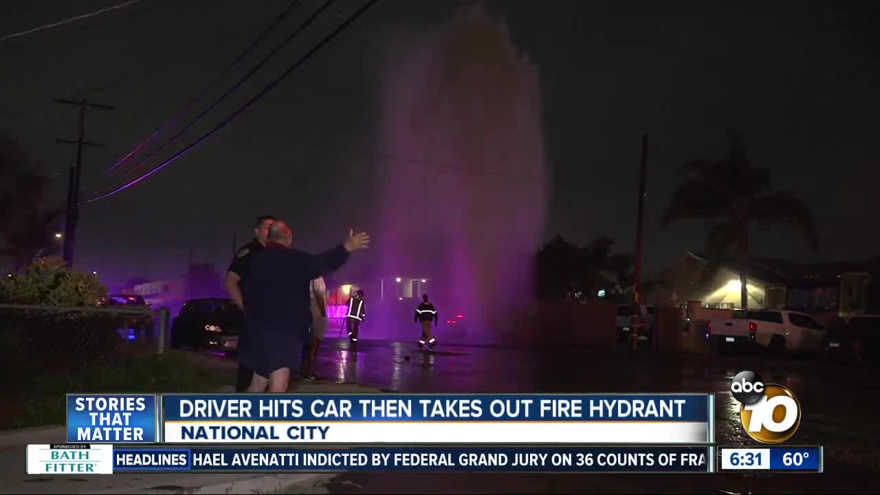 Driver hits car, shears fire hydrant