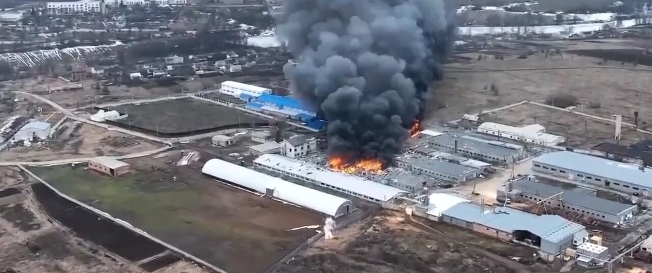 Drone Flyover of factory fire after being Russian attack in the region of #Kharkiv