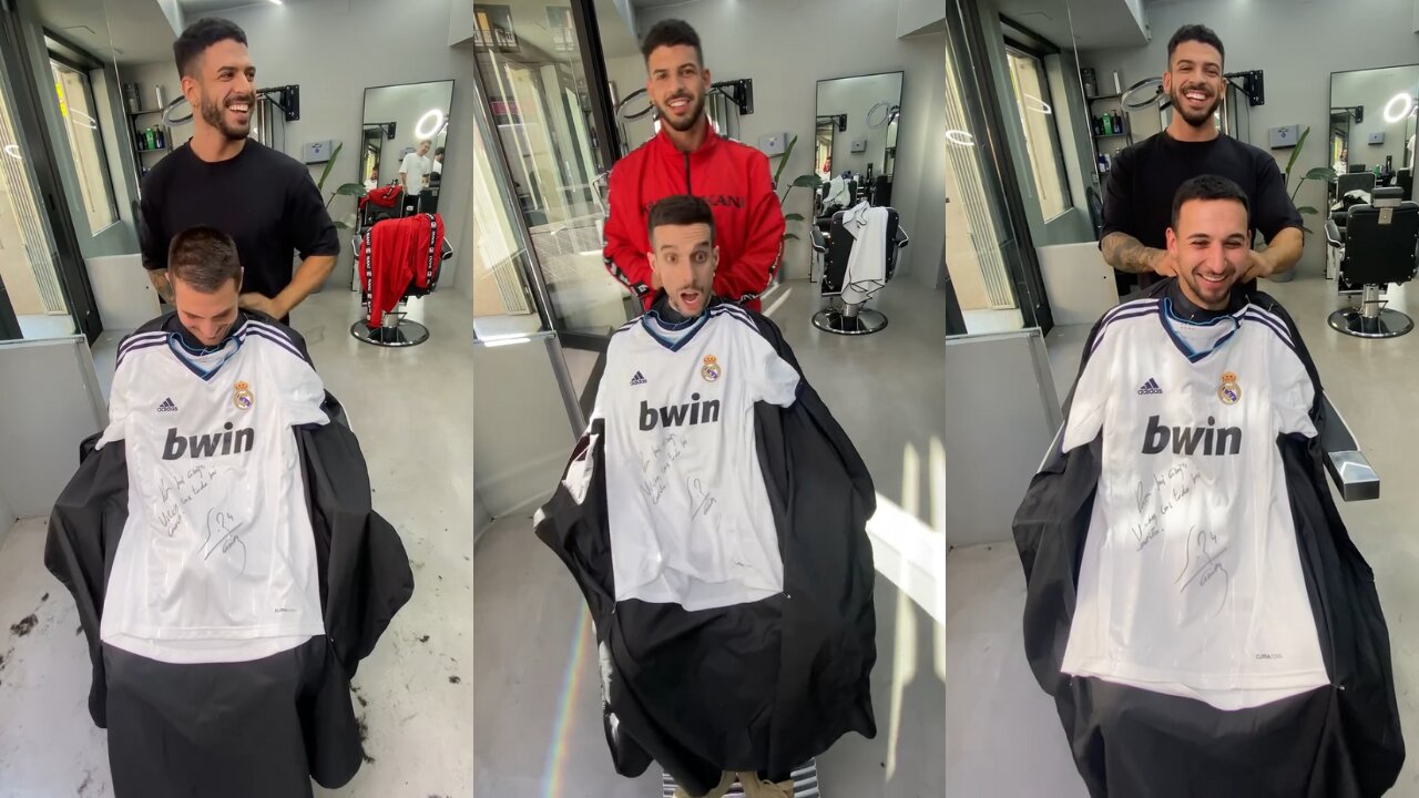 Hairdresser in Barcelona makes his Customers wear Real Madrid Jersey Aprons